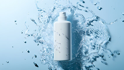 High-resolution shampoo bottle surrounded by fresh water droplets