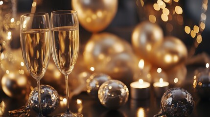 Elegant champagne glasses with golden balloons and lights, creating a festive celebration atmosphere with candles and decorations.