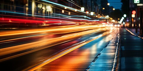 Fototapeta premium Abstract Urban Night Lights Streaks of vibrant colors dance across the wet pavement, creating a mesmerizing symphony of motion and light in the heart of the urban landscape.