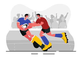 Fototapeta premium Rugby Player Running and Catching the Ball Vector Illustration in a Championship Sport or Tournament in a Stadium with a Flat Style Cartoon Background