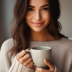 Woman with Dark Hair Wearing a Beige Sweater Holding a Blank Light Grey Mug, Fall/Winter Editorial Images