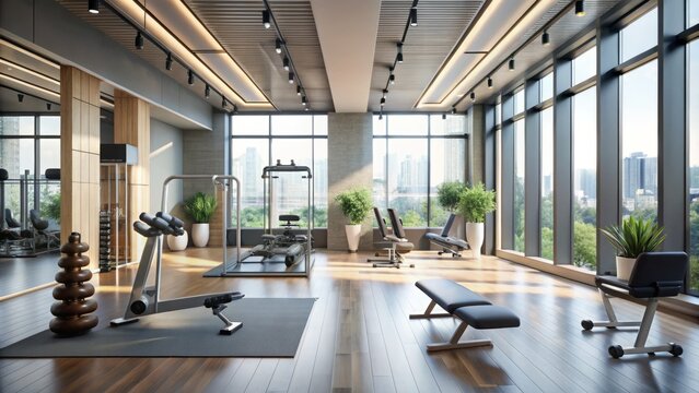 a modern fitness studio with sleek equipment, natural light, and a minimalist aesthetic, evoking motivation and