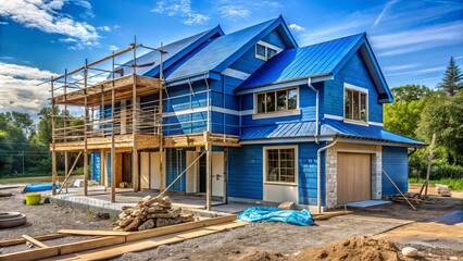 Fototapeta premium A modern two-story suburban home undergoes transformation with a blue tarp covering the roof, scaffolding around the
