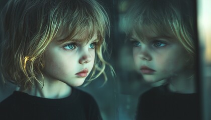 Naklejka premium portrait of a child flex on the mirror