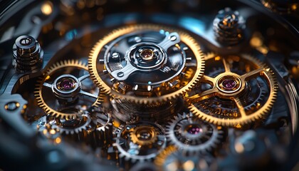 Intricate Clockwork Contraption with Spinning Gears Symbolizing Alternate Timelines in Macro Photography