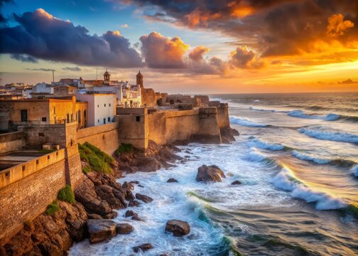 Ancient Portuguese fortress walls and bastions meet the Atlantic Ocean's crashing waves and rugged coastline in this