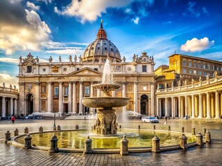 Obraz premium Ancient stone columns and ornate fountains adorn St. Peter's Square, surrounded by majestic Renaissance architecture,
