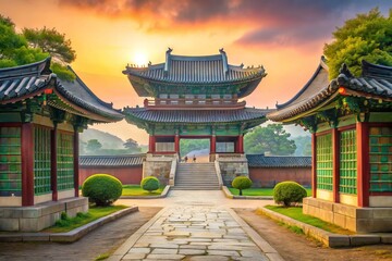 Ancient stone gate with intricate carvings and traditional Korean architecture stands majestically amidst vibrant