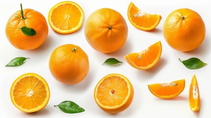 Fresh Oranges Whole and Halved on White Background