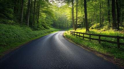 Obraz premium Winding road through a lush green forest with sunlight shining through the trees.