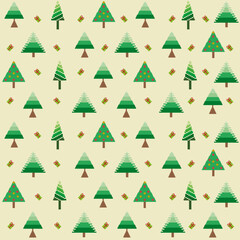 Seamless vector pattern of pixelated Christmas trees on cream background. Fabric texture. Holiday wrapping paper.