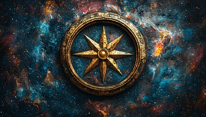Cosmic Exploration - Intricate Illustrated Compass in a Star-Filled Galaxy Background