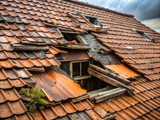 a partially torn-off roof reveals damaged insulation, shattered tiles, and splintered wood, with rain pouring in