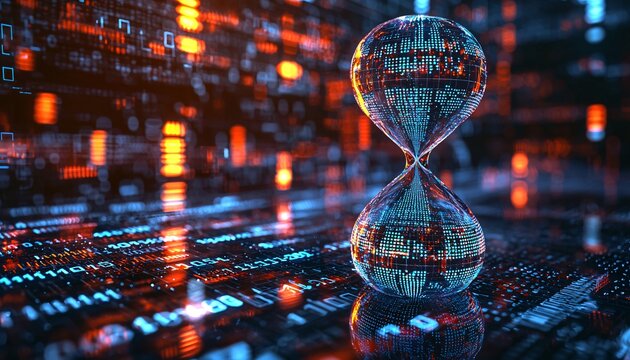 Digital Time Transformation - Futuristic Concept of Time Passage with Hourglass and Binary Code