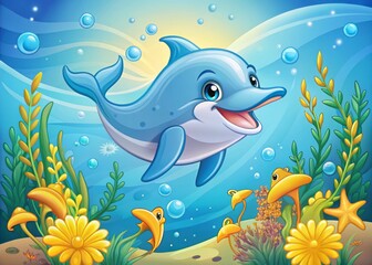 Fototapeta premium A playful, smiling dolphin with bright blue eyes and a yellow fin, illustrated in a colorful, whimsical vector