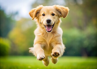 A playful, fluffy golden retriever puppy jumps high in mid-air, ears flapping, tail wagging, and eyes shining bright