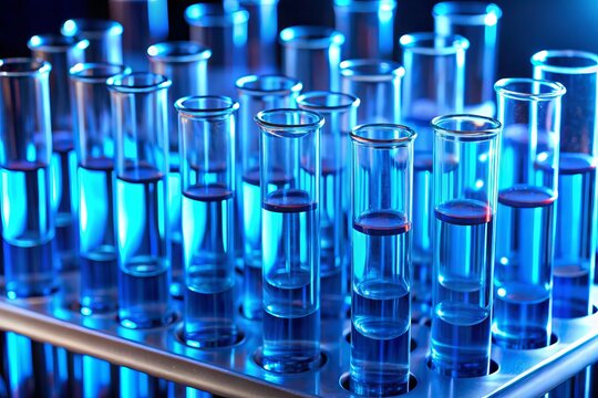 A precise arrangement of identical glass test tubes on a laboratory bench, filled with glowing blue liquid, showcases