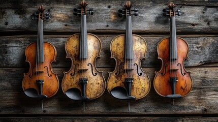 Naklejka premium Four vintage violins displayed against a wooden backdrop.