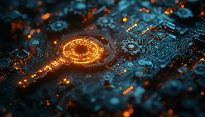 Futuristic Illustrated Key with Gears and Circuit Patterns Unlocking Glowing Door of Opportunities and Innovation