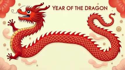 Obraz premium Chinese zodiac-themed banner showing the Year of the Dragon, with a vibrant, artistic dragon wrapping around bold Chinese characters symbolizing prosperity.