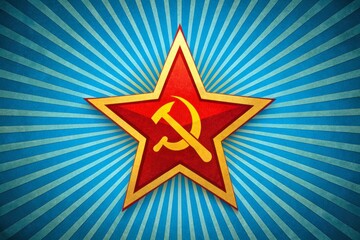 A retro-styled propaganda poster featuring a bold red star, hammer, and sickle emblem, set against a bright blue