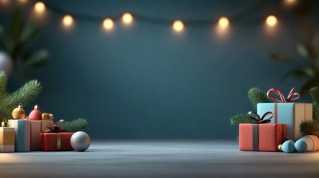 Festive holiday background with Christmas gifts and warm lights, perfect for celebrations.