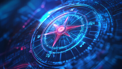 Futuristic digital compass with holographic data and neon glow