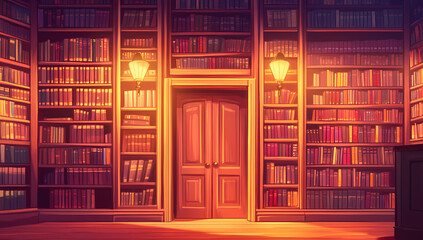 Cartoon-style library with colorful bookshelves and warm lighting