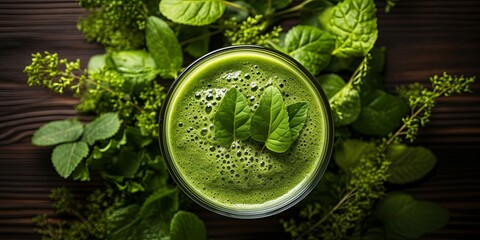Obraz premium A glass of vibrant green liquid sits atop a bed of lush greenery, hinting at the refreshing taste of nature