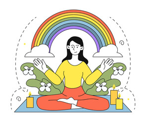 Woman with positive. Young girl sitting in lotus pose with rainbow on her head. Meditation, awareness, mindfulness. Positivity and optimism. Linear vector illustration