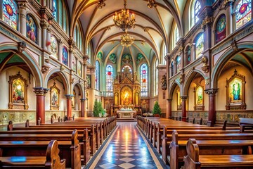 Fototapeta premium A serene and majestic Catholic church interior with ornate stained-glass windows, intricately carved wooden pews, and a