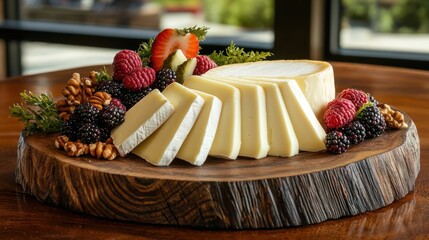 A vibrant display of a cheese board with sliced cheese fresh berries and nuts on a rustic tabletop