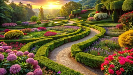 A serene landscape featuring a simple, winding maze path surrounded by lush greenery and vibrant flowers, inviting