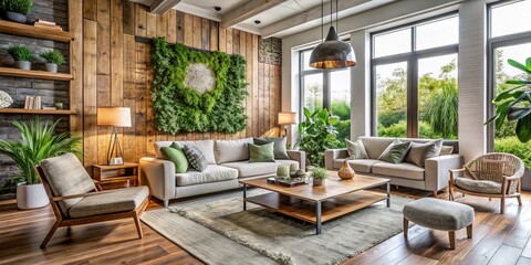 Fototapeta premium A serene modern living room with natural textures, reclaimed wood accents, and lush greenery, embodying a harmonious