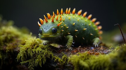 A spiky, green creature with large, black eyes and orange spines stands on a moss-covered log in a forest setting