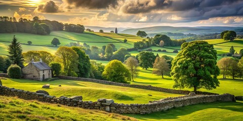 Naklejka premium A serene rural landscape featuring a rolling green field with a few tall trees, adorned with delicate etchings