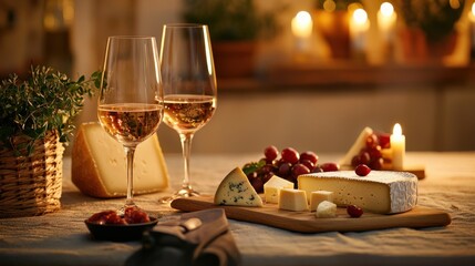 Artistic arrangement of cheese dices and slices with a table set for a cheese-tasting event
