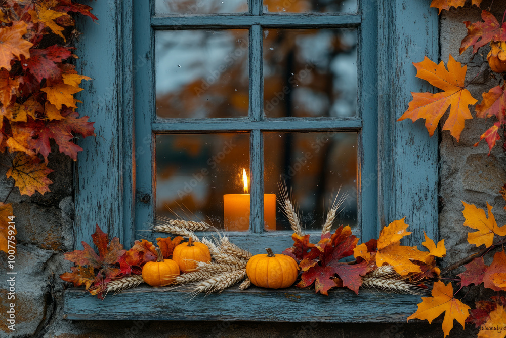 Poster A window with a view of a forest and a candle in the middle