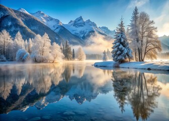 A serene winter landscape featuring frosty misty mountains, snow-covered trees, and a tranquil frozen lake, evoking a