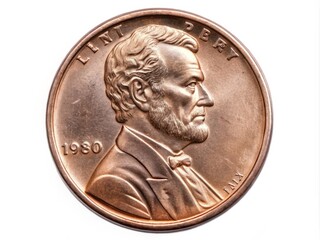 A shiny newly minted zinc-based US one-cent coin lies isolated on a clean white background, showcasing its ridged