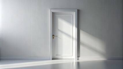 A simple, elegant, white door with a silver handle stands alone on a pure white background, surrounded by