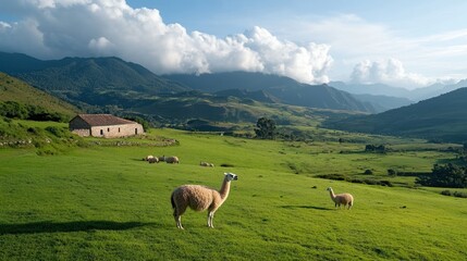 Llamas grazing peacefully in a lush green landscape with mountains in the background.