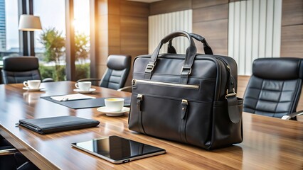A sleek, black, professional-style bag with multiple compartments and pockets, positioned on a contemporary conference