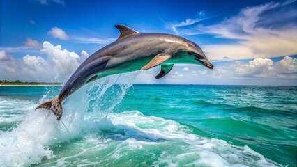 Fototapeta premium A sleek gray dolphin leaps out of the turquoise ocean, its dorsal fin slicing through the water's surface