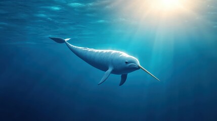 Fototapeta premium Narwhal swimming gracefully in deep blue waters beneath sunlit surface