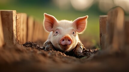Pig resting in dirt, natural habitat, warm sunlight, soft focus background.