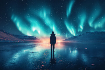 Fototapeta premium silhouette of woman under northern lights in iceland - blue and green aurora borealis, night sky, calm water, landscape, nature, adventure