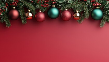 Obraz premium Festive Christmas decorations with ornaments and pine branches on red background.