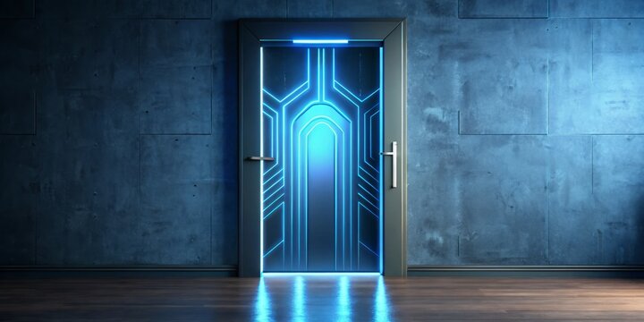 A sleek, modern door with a glowing blue backlight and subtle futuristic designs, symbolizing opportunity, innovation,