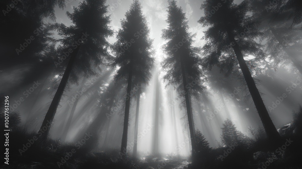 Aufkleber a misty forest with tall trees illuminated by soft light rays.